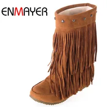 ENMAYER 2015 Women's 3 Layer Fringe Tassels Flat Heel Boots Round Toe Mid-Calf snow boots Shoes big Size34-43 winter boots цена ENMAYER 2015 Women's 3 Layer Fringe Tassels Flat Heel Boots Round Toe Mid-Calf snow boots Shoes big Size34-43 winter boots цены онлайн