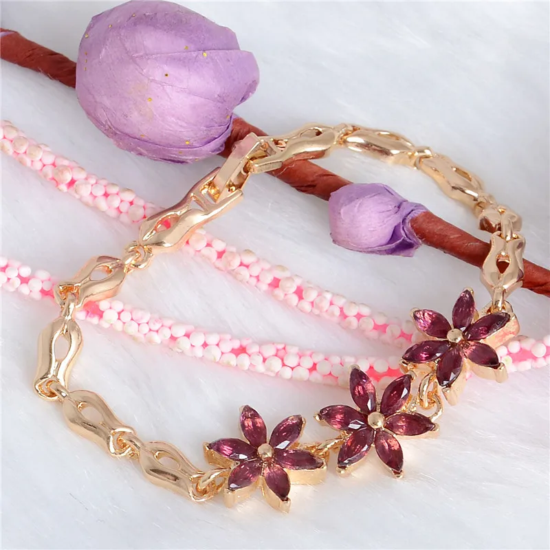 SHUANGR модные новые женские/дамские Заполненные 5 цветов цветок CZ камни австрийский кристалл браслеты и браслеты ювелирные изделия - Окраска металла: purple red