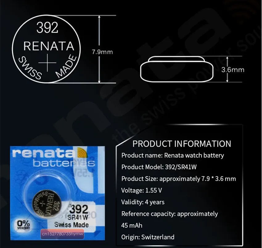 2 шт. Renata 392, долговечный SR41W LR41 AG3 Швейцарский сделанный Серебряный оксид часы кнопка батареи монета