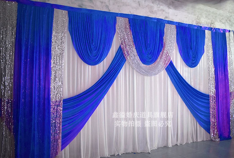 Wedding Backdrop with royal blue swags stage curtain with silver sequin