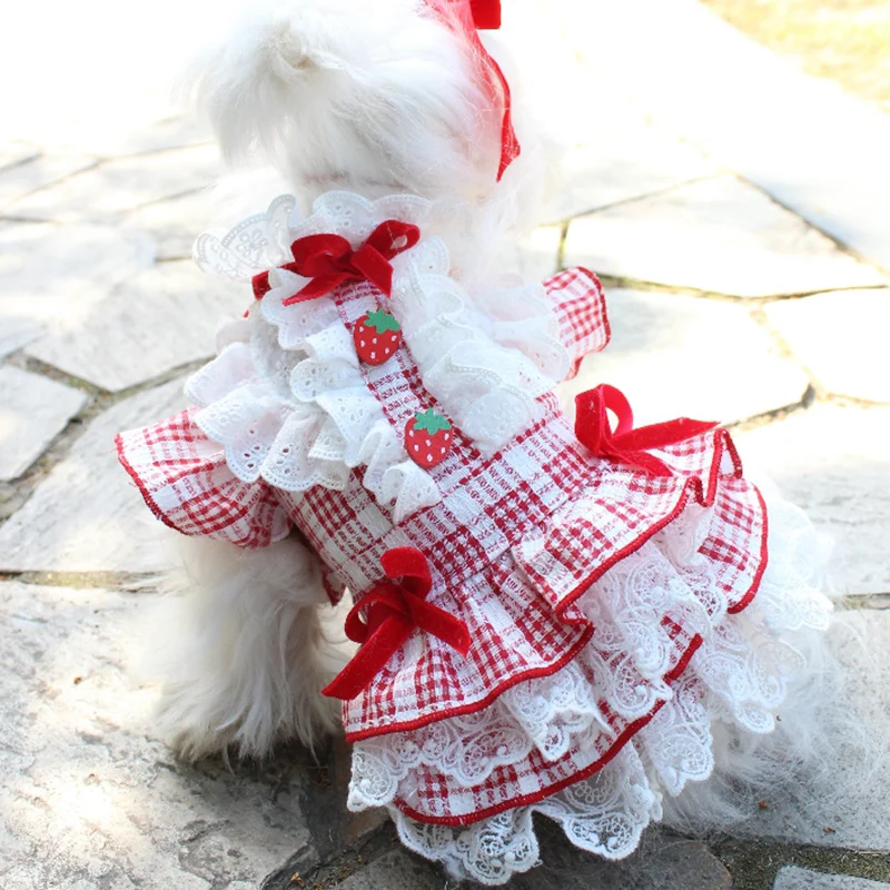 

OnnPnnQ Pet Dog Dress Bow Red Lattice Princess Skirt For Small Dogs Clothes Wedding Tutu Dress For Puppy Chihuahua Yorkshire