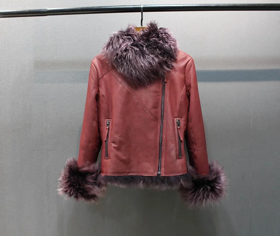 ladies genuine sheepskin leather and fur jacket big collar  (6)