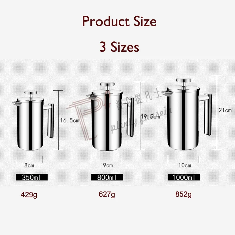 Новинка, французские прессы из нержавеющей стали, Кофеварка, заварочный чайник, европейский стиль, портативный кофейник с двойными стенками, 350 мл/800 мл/1000 мл