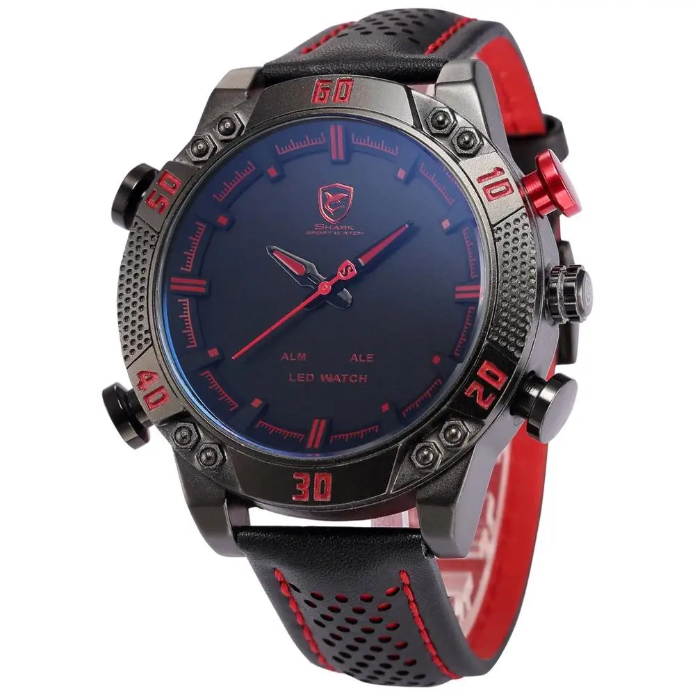 Kitefin Shark Sport Watch Brand Mens Military Quartz Red LED Hour Analog Digital Date Alarm Leather Wrist Watches Relogio /SH261