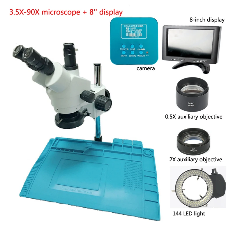 Simul Focal 3D стерео микроскоп 3.5X-90X непрерывный зум + HD 20MP HDMI USB камера подставка 144 LED