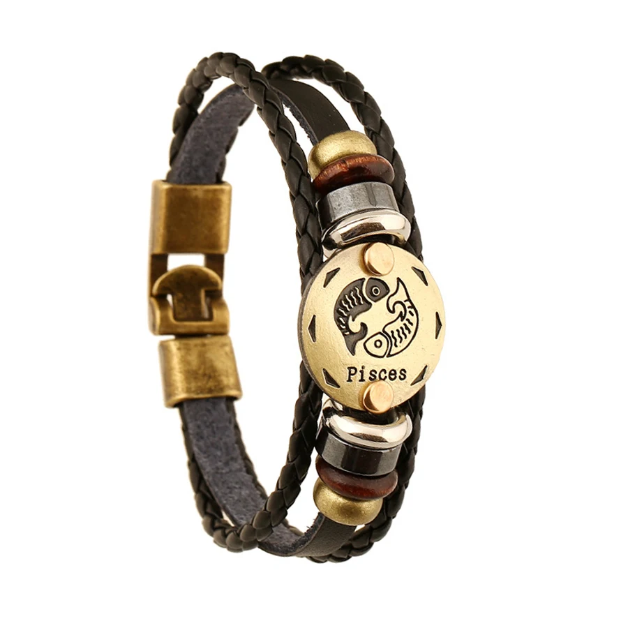 Creative Fashion Charm 12 Zodiac Pisces Bronze Alloy Leather Bracelet