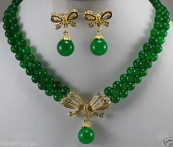 

Jewelry 001193 2 row 8mm green jade necklace+ flower pendant earrings