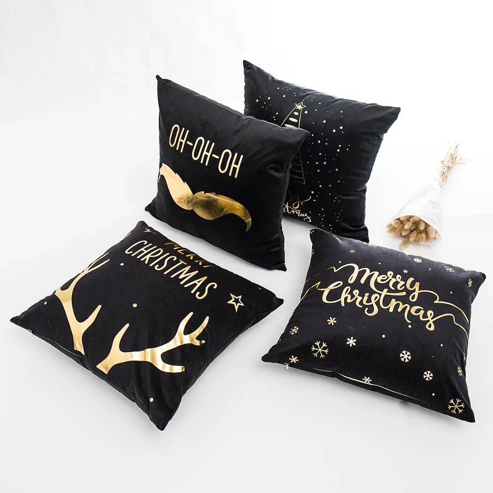 

Christmas Decorative Cushion Cover Pillow Cover Soft Golden Black Deer Snowflakes OH-OH-OH Party Decorative For 45x45cm