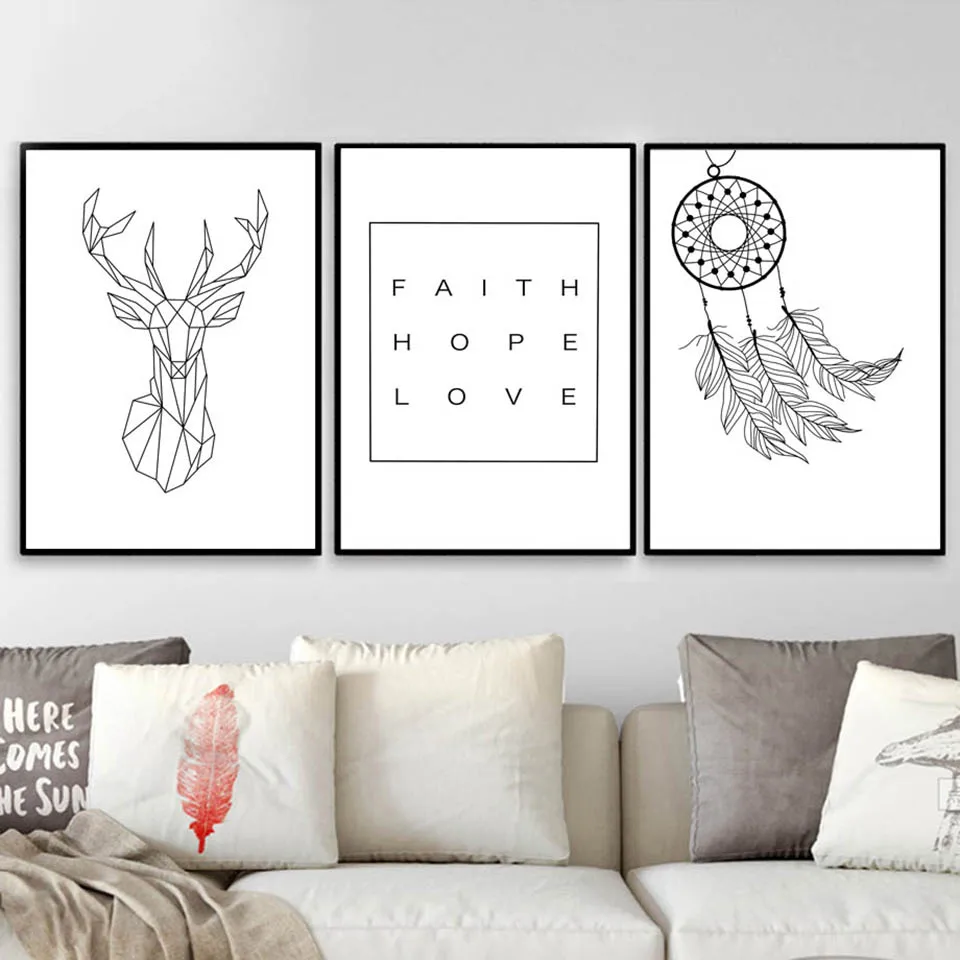 

Canvas Painting Modular Letter Pictures Black White Deer Feather Poster Wall Art Nordic Print Minimalism Home Decor Living Room