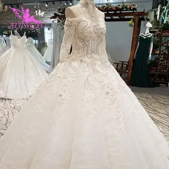 شراءAIJINGYU فستان زفاف كندا الأبيض الفاخرة المشاركة طويلة الأكمام كوتور فساتين زفاف دانتيل الكرة ثوب