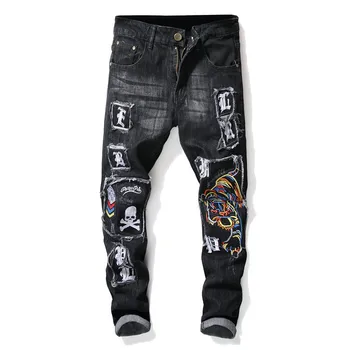 

Mcikkny Men's Ripped Denim Jeans Trousers Tiger Embroidered Straight Jeans Pants Hip Hop Streetwear Pants For Male Size 29-38