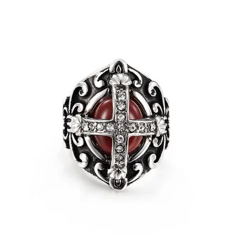 

Fashion Retro Gothic Cross Red Stone Titanium Steel Ring punk Ring