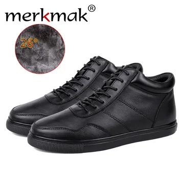 

MerkmakGenuine Leather Men Boots Winter Keep Warm Velvet Boots Fashion Footwear Lace Up Shoes Men High Quality Vintage Men Shoes