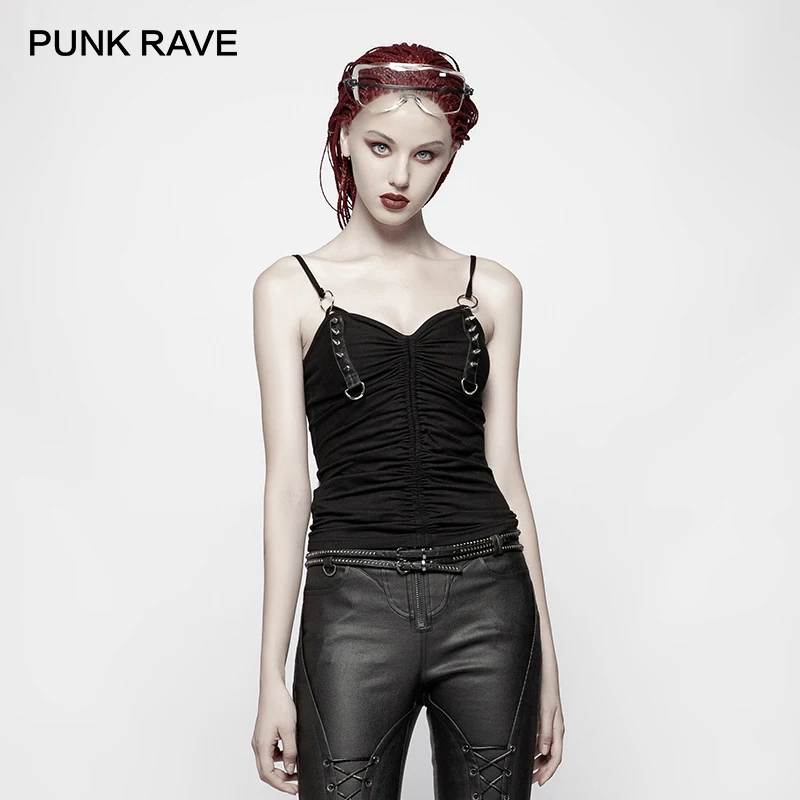 

PUNK RAVE Women Daily Punk Knitted T-shirt Gothic Rivet Strape Vest Fashion Backless Sexy Slim Club Wear Camisole Tops