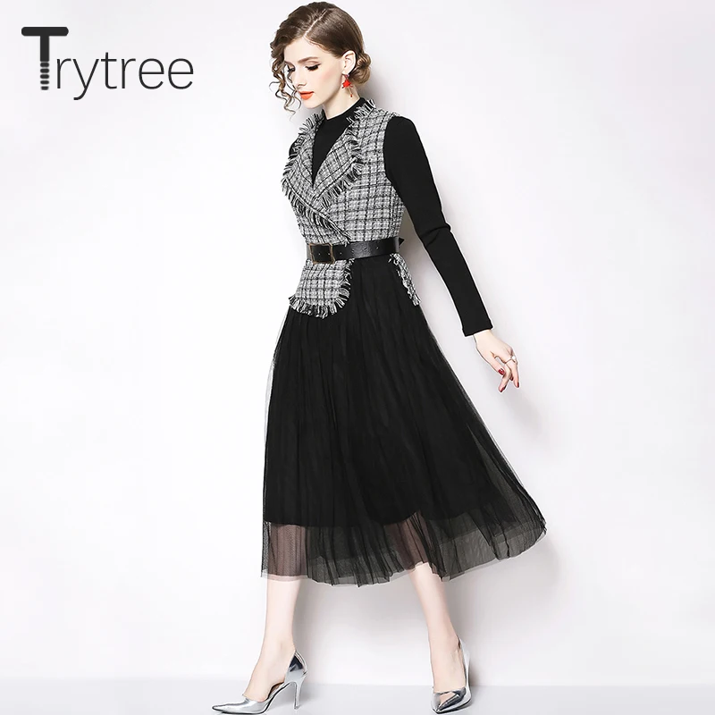 Trytree Весна Лето Женский комплект из двух предметов Повседневный Топ + платье
