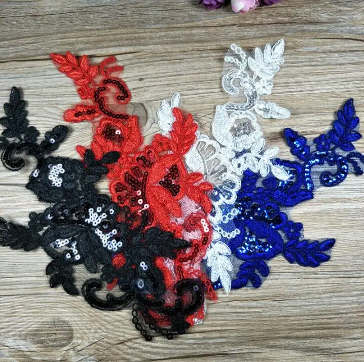 

6 Pieces(3 Pairs) Royal Blue Black Lace Applique Flower Sequin Lace Fabric Wedding Decoration For Garment Accessories DIY Craft