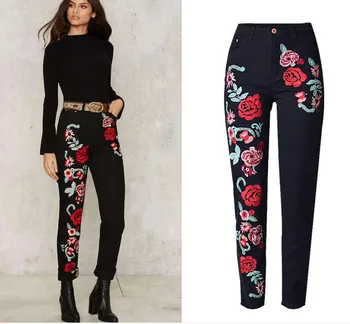 

European style loose high-waisted rose embroidered straight Jeans Fashion women's casual denim pants