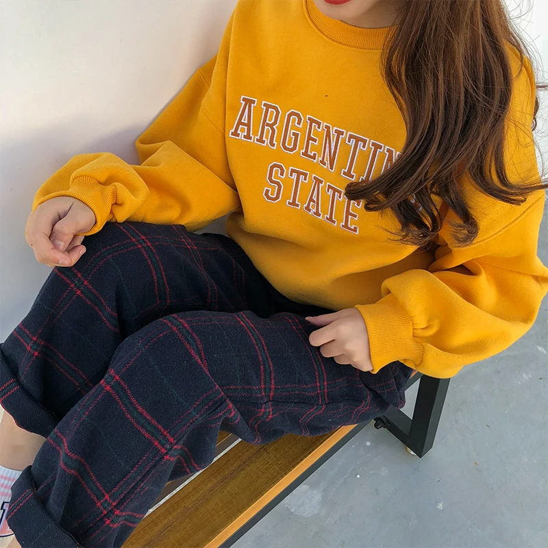 Comprar 2019 mujeres coreanas Kawaii Ulzzang Loose Plaid salvaje más terciopelo nueve pantalones estudiantes casuales femenino lindo japonés Harajuku