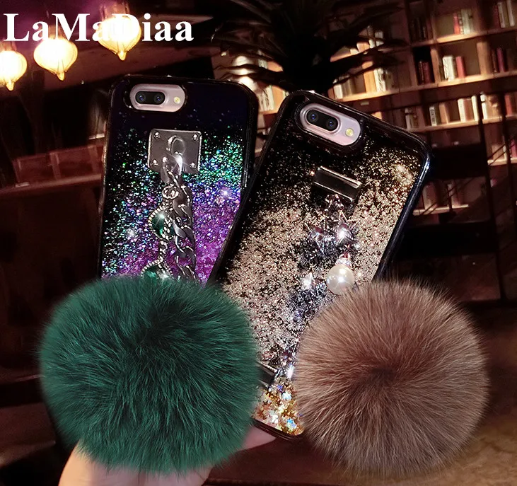 

Luxury Case For Iphone X XS MAX XR 11 Pro MAX 6 6plus 7 8 plus Bling Quicksand Hard PC Cases Chain Hairball Diamond Women Cover