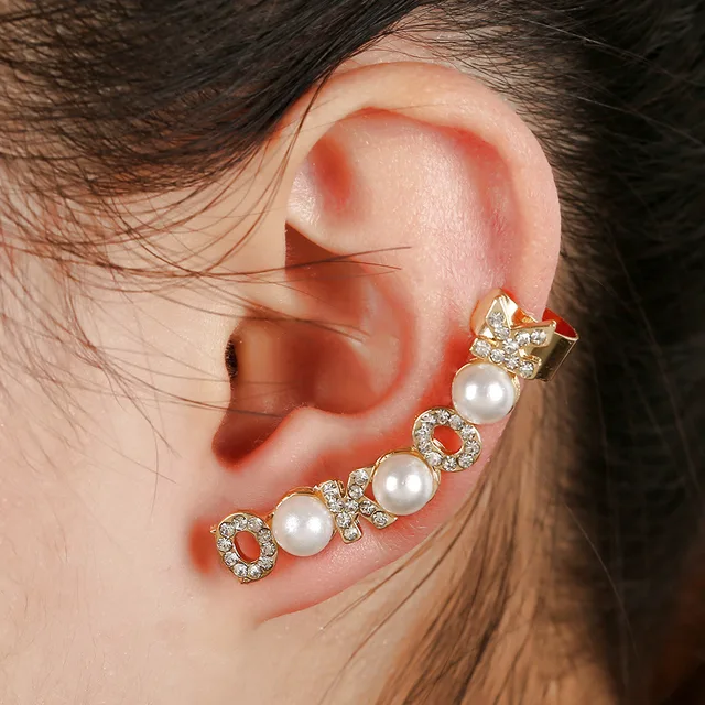 Korean jewelry pearl earrings sparkling crystal ear clip earring new OK letters ear cuff