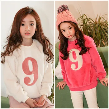 

Child's Pure Korean Winter Girls Fur Embroidery Thick Pullovers Kids T-shirts Clothing Red White