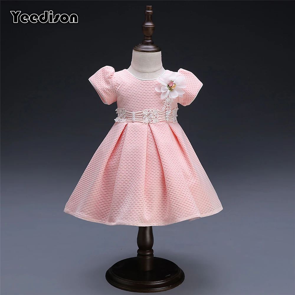 High Quality Flower Daby Dress For Girls Pink Cute Pearl Infant 1 Year Birthday Patry Princess Ball Gown Baby Christening Dress (1)