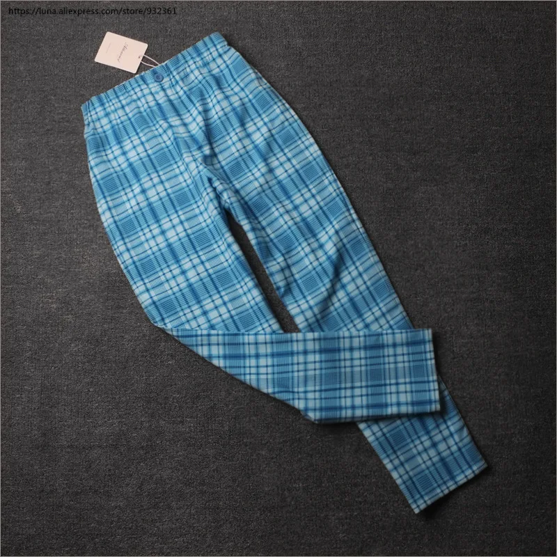 

Women Blue High Waist Plaid Straight Pants Fashion Casual Lady Trousers Slacks