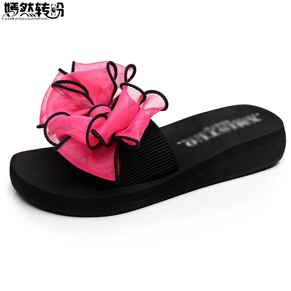 

Summer Woman Bow Slippers Bohemia Beach Flip Flops Shoes Slides Slip- Resistant Slippers Platform Shoes Woman Plus Size 42