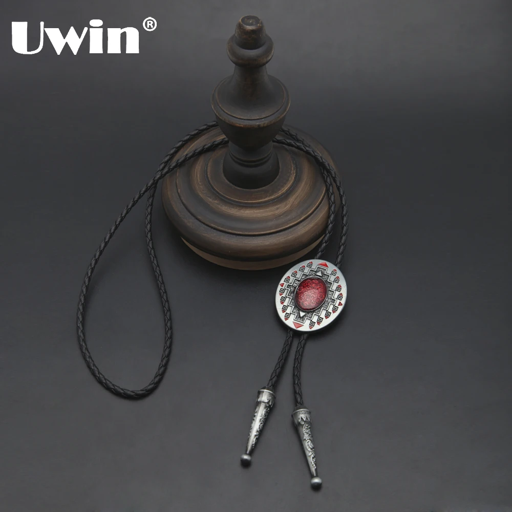 

Western American Pattern Leather Neck Jewelry Vintage Tradition Red Nature Stone Shape High Quality Oil Seal Metal Bolo Tie