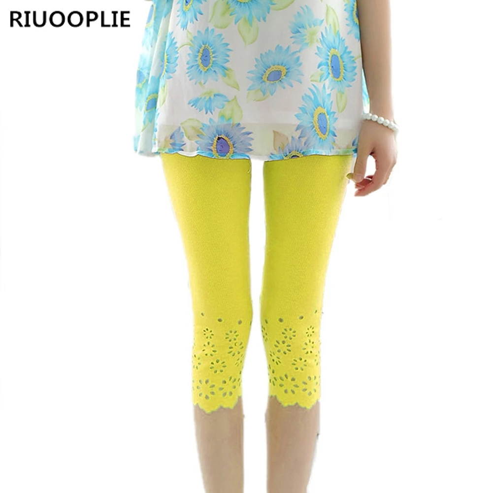 RIUOOPLIE женские леггинсы летние хлопковые трикотажные Цветочные однотонные - Цвет: Yellow