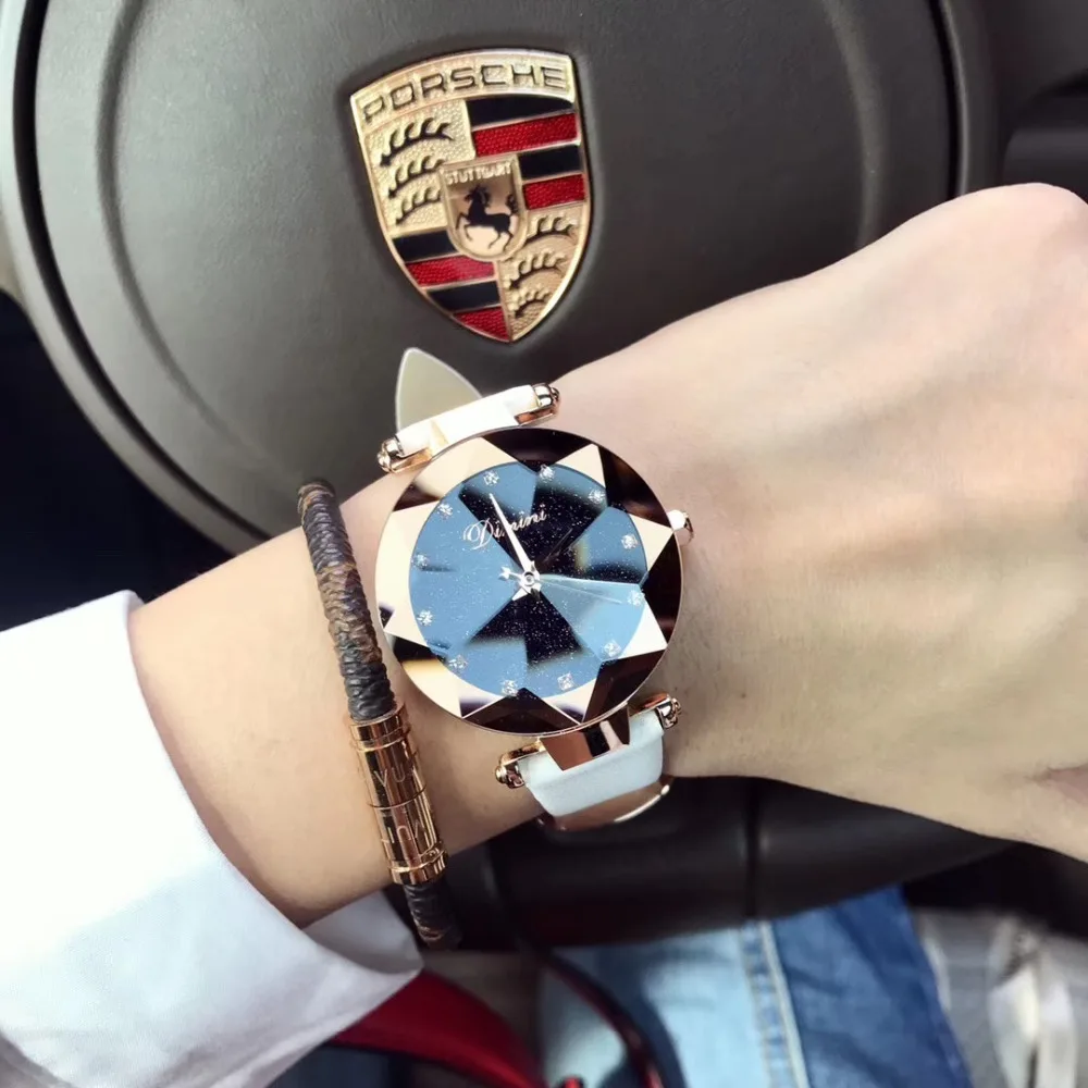 Новая Мода многогранный звезда часы со стразами для женщин конфеты цвета натуральная кожа наручные часы Кварцевые водонепроницаемые часы