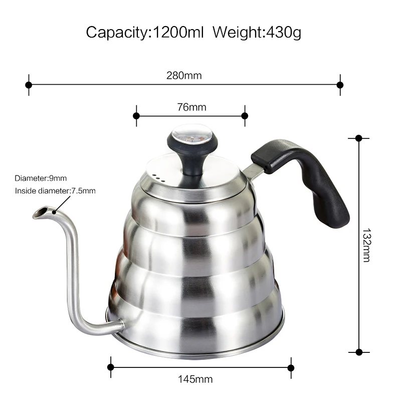 1Л/1.2л 304 капельная Кофеварка из нержавеющей стали с термометром для домашнего использования чайник бариста