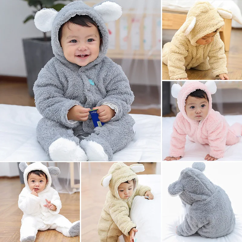 Winter Soft Babies Newborn Baby Clothes Bear Baby Girl Boy Romper Coral Fleece Warm Hooded Plush Jumpsuit Animal Overall