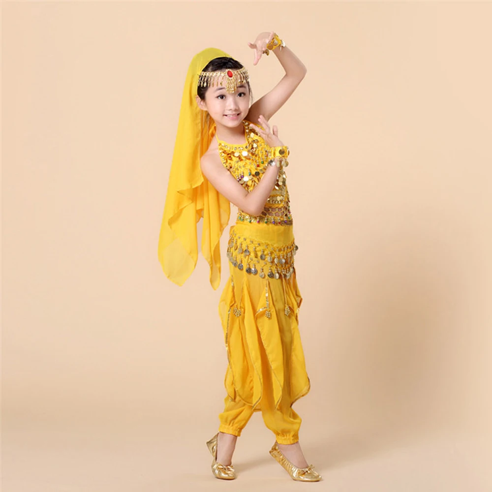 Новая детская одежда для танца живота, 5 шт.(топ+ штаны+ цепочка на талии+ браслет+ головной убор), индийская одежда, танцевальный костюм Болливуд для девочек