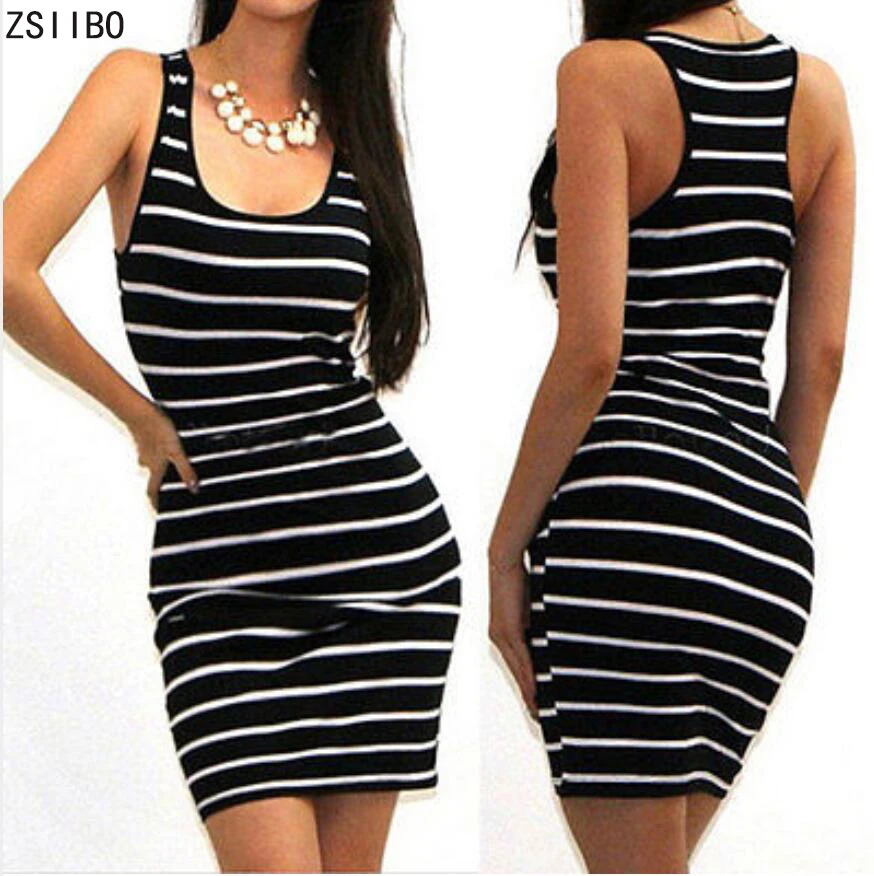 

ZSIIBO Women Striped Bandage Bodycon Dress Sexy Slim Sleeveless Evening Party Mini Dress
