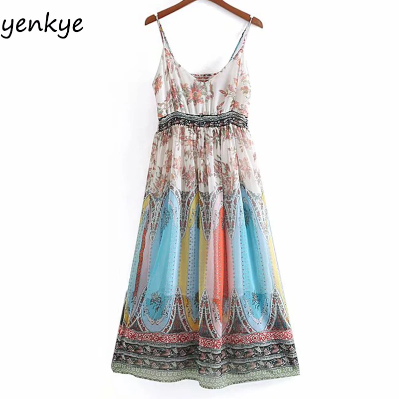 

Boho Patchwork Floral Print Chiffon Dress Women Sexy Backless Sleeveless V Neck Elastic High Waist A-line Long Summer Dress 2019