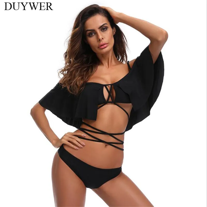 Black Bikini Shoulder 2018 New Retro Elements Set Beachwear Summer Top High Cut Bathing Suit Women Swimsuit Swimwear |