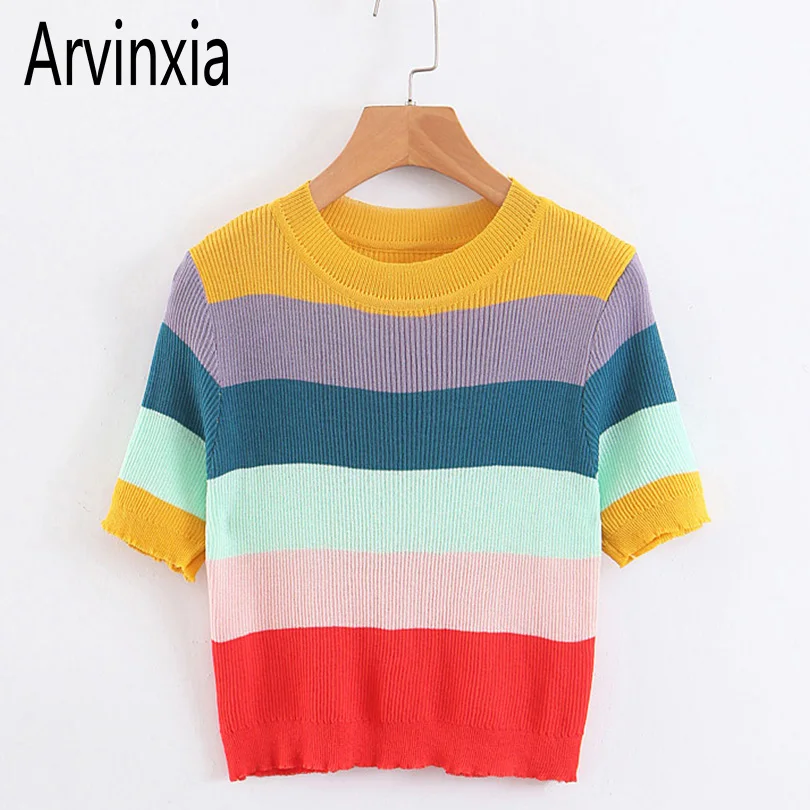 

Arvinxia ZA Chic Knitted Color Striped O Neck Women T Shirts New Streetwear Korean Style T-shirt Vintage Kawaii Lady Summer Tops