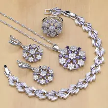 В форме цветка серебро 925 ювелирные наборы Сиреневый Циркон белые хрустальные бусины для женщин серьги/кулон/кольца/браслет/ожерелье набор