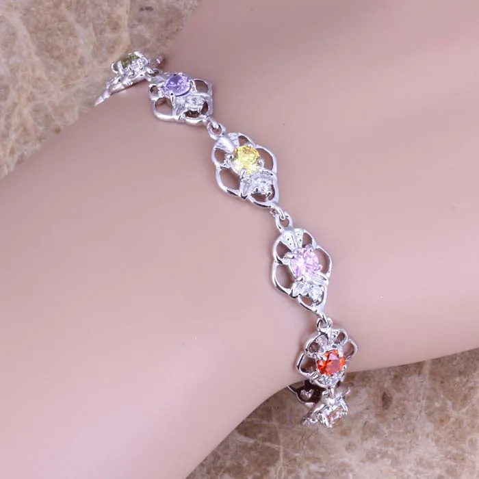 Attractive Multicolor Purple Cubic Zirconia Silver Plated Overlay Link Chain Bracelet 7 - 8 inch S0603 | Украшения и аксессуары