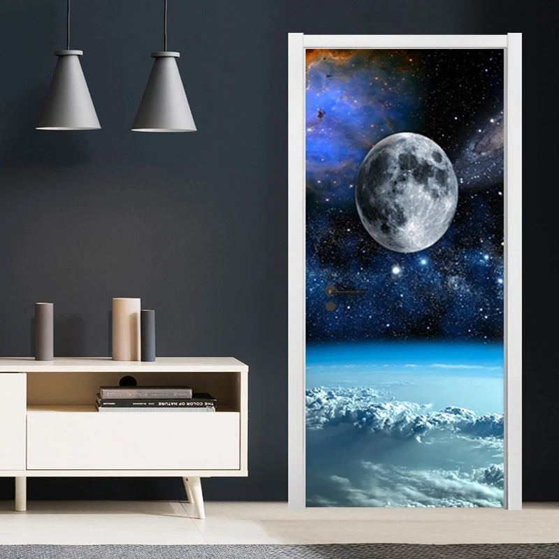 

Home Decoration Door Sticker 3D Creative Cosmic Planet Landscape Wallpaper Living Room Kids Bedroom Door Decals Vinyl Door Mural