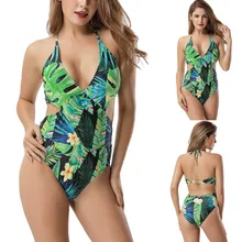 Горячее предложение, новинка, дышащий Женский купальник с принтом листьев, с поперечным Ремешком, бикини, пуш-ап, мягкий цельный купальник, может