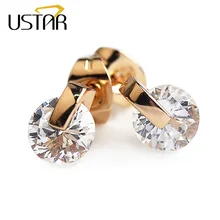 USTAR 6.5mm 1ct AAA Zircon stud earrings for women Rose Gold color wedding fashion Jewelry Crystal Earrings female Brinco gift