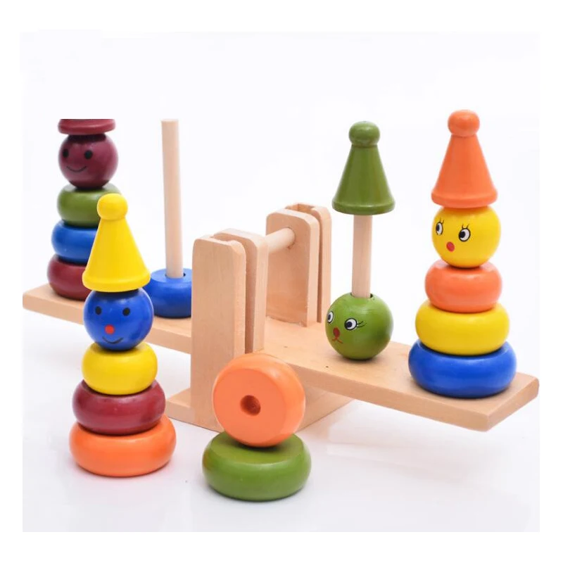 

Children Wooden Clown Rainbow Stacker Toy Seesaw Balance Scale Board Balancing Game Kids Early Education Toy