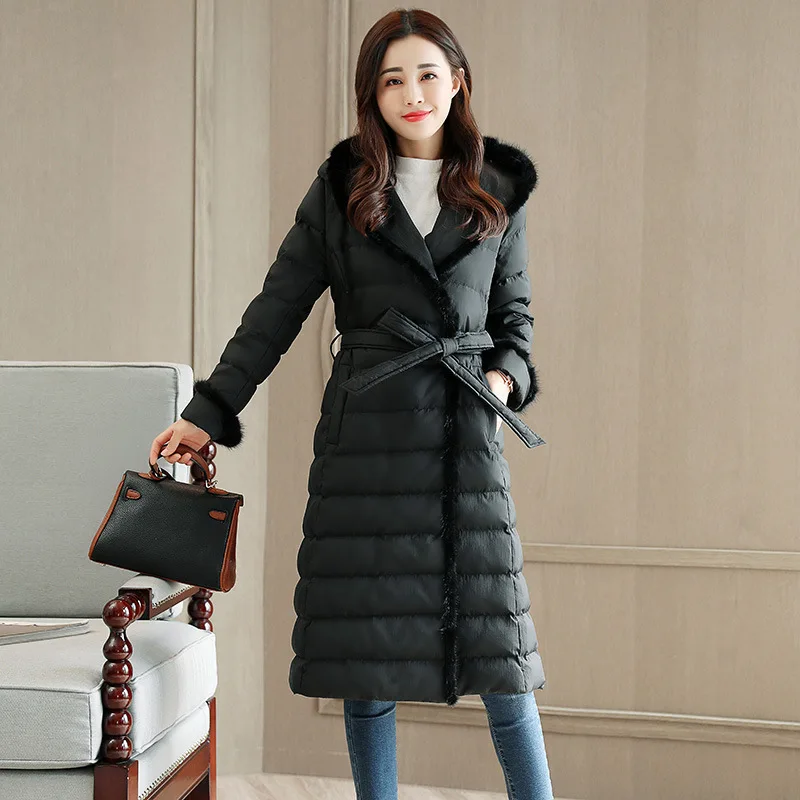 Зимнее женское пальто, корейский стиль, облегающее, элегантное, пуховое, хлопковое, пальто для женщин, толстая, с хлопковой подкладкой, одежда, длинная парка A357 - Цвет: black