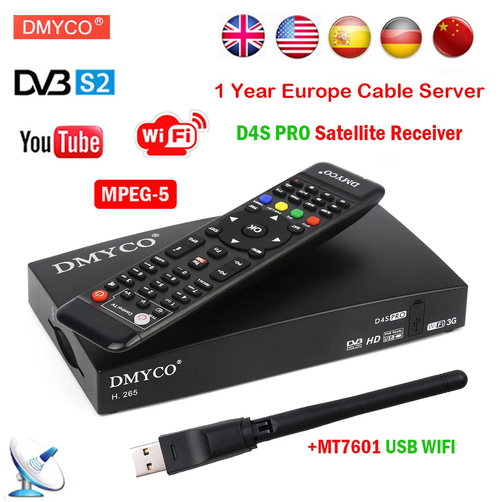

Satellite Receiver D4S PRO TV Receptor HD FTA DVB-S2 lnb Full 1080P with USB WIFI 1 Year Europe 7 Cable Server Spain Germany