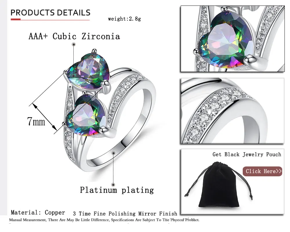 Двойное Радужное кольцо с цирконием в форме сердца, обручальные кольца с родиевым покрытием, Женские аксессуары, обручальные ювелирные изделия, три цвета, D3