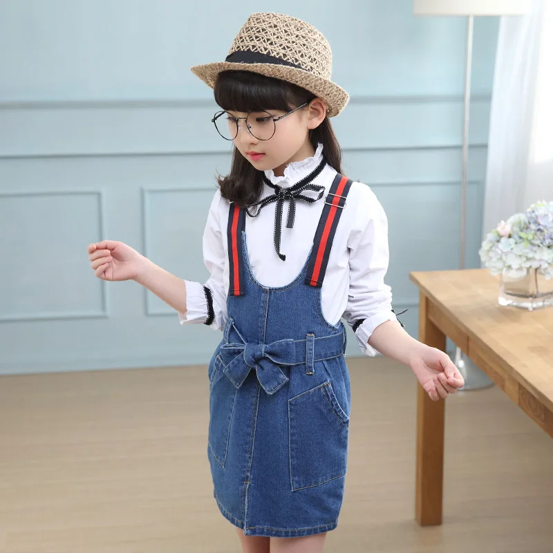 

2019 New Teenager Girls Denim set Summer Children Clothing Casual Kids Suspender Trousers + shirt 2 pcs set Jeans for 5 6 8 15Y