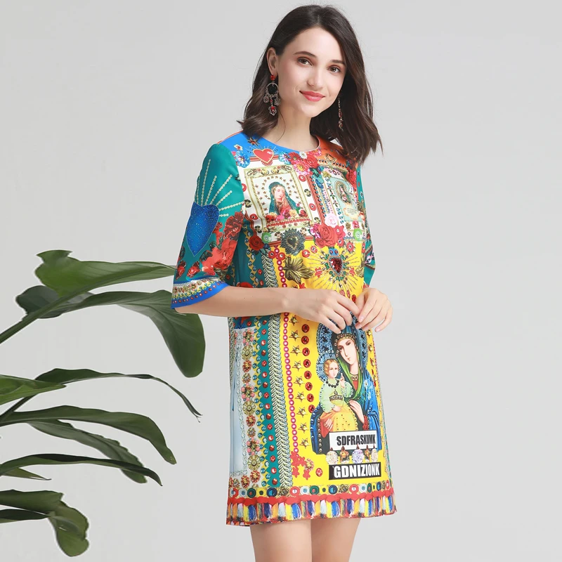 

Red RoosaRosee Summer Runway Fashion Dress Women Party Vestidos Bead Diamonds Print Elegant Vintage Ladies Straight Mini Dresses