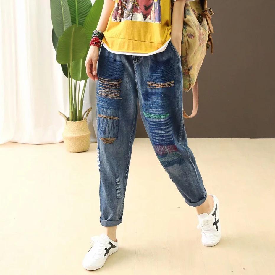 Женские джинсы джинсовые брюки Ретро Винтажные повседневные модные длинные большие свободные вышитые состаренные для осени AZ49173317